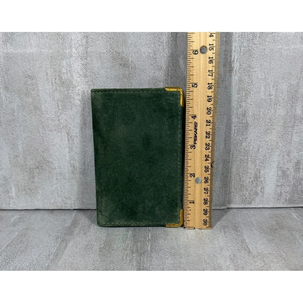 English Leather Green Suede Zip Around Card Holder Wallet Gold Corners Vintage